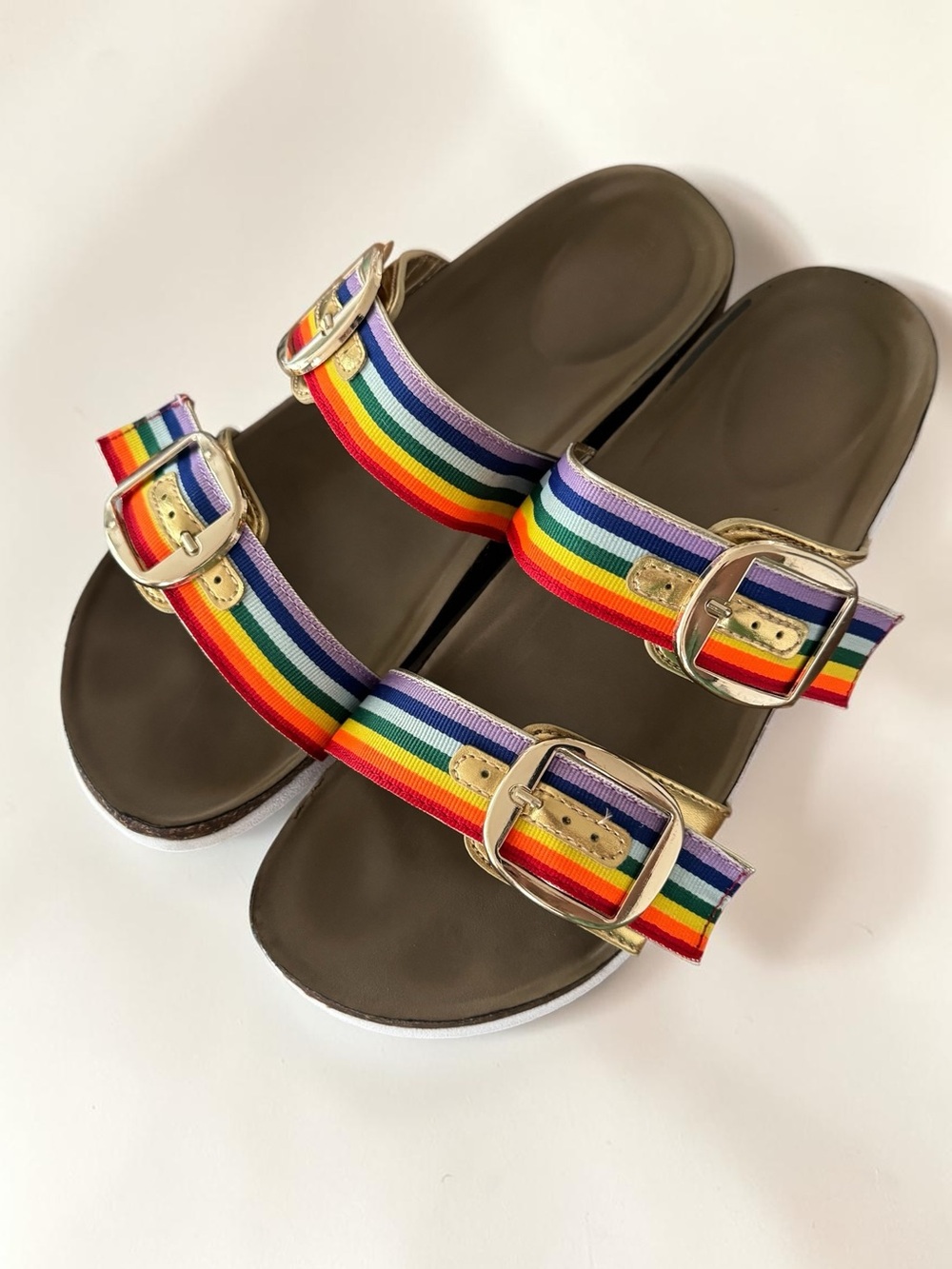 Madden Girl BamBam Rainbow and Gold Double Strap slide - size 9